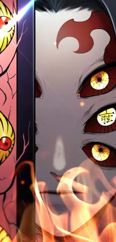 Anime wallpaper with fiery eyes and a mysterious mask.