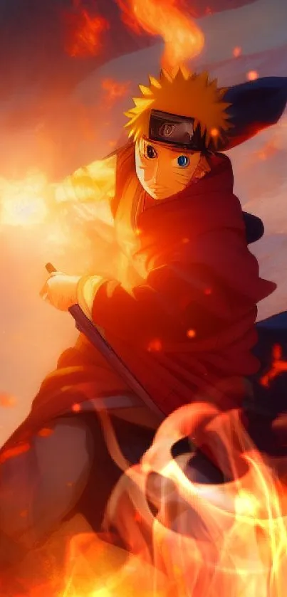 Anime ninja amidst fiery background action scene.