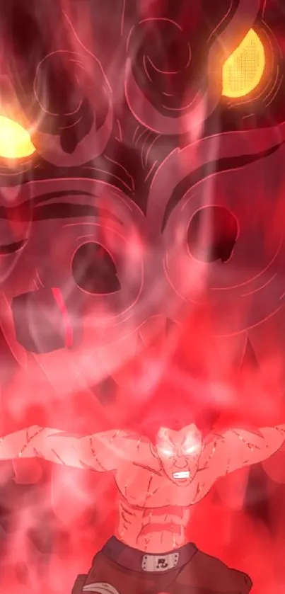 Anime character engulfed in vibrant red flames, exuding power and intensity.