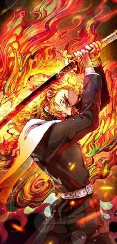 Vibrant anime character wields a fiery sword, engulfed in dynamic flames.