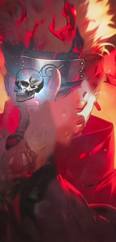 Anime wallpaper with red flames and skull design for mobile.