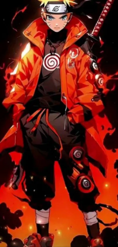 Anime character in red outfit with fiery background