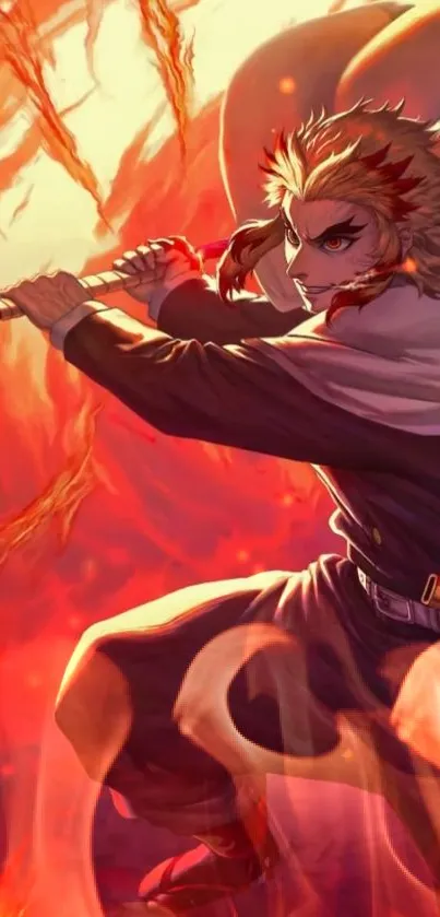 Anime warrior with fiery sword in action-packed scene.