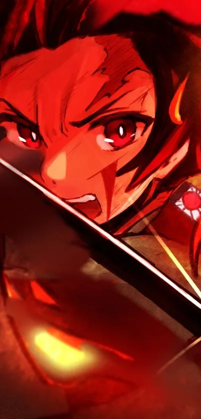 Intense anime character with fiery sword in vivid red backdrop.