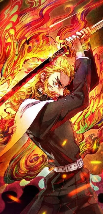 Anime character with fiery sword and flames, vibrant artwork.