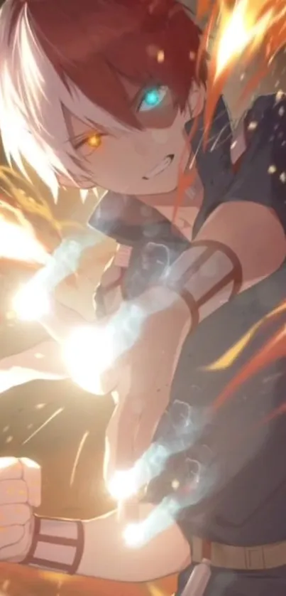 Dynamic anime character amid fiery bursts on a mobile wallpaper.