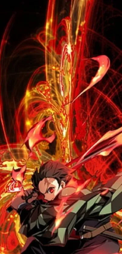 Anime warrior engulfed in fiery red and gold flames.