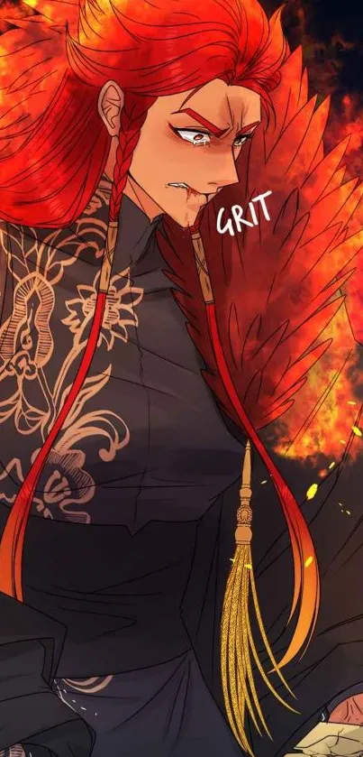 Anime warrior with fiery red hair and burning background.