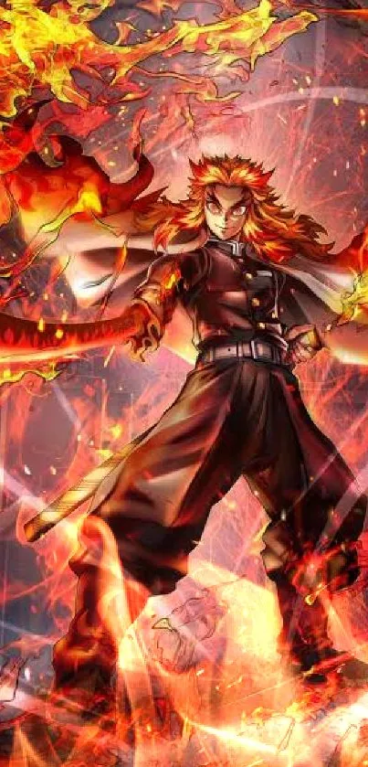 Anime warrior surrounded by dynamic fiery flames.