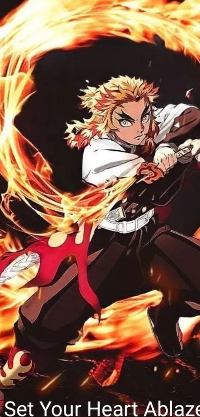 Anime warrior wielding a fiery sword with blazing flames.