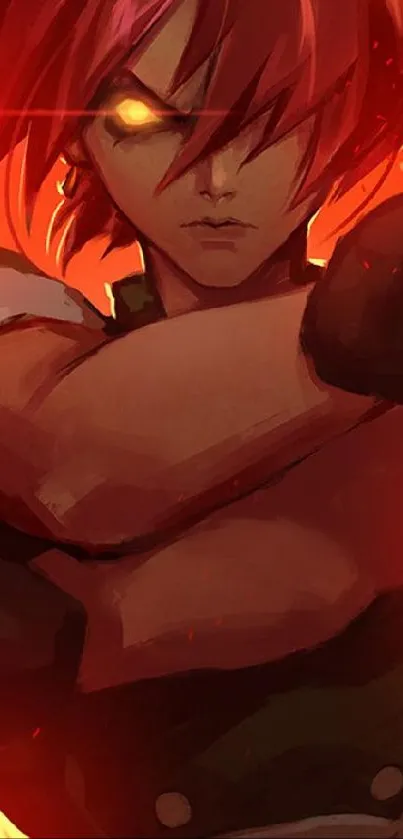 Anime warrior with fiery red hues on mobile wallpaper.