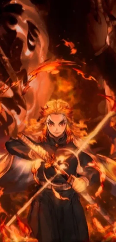 Anime warrior amidst fiery orange flames, wielding a sword in epic stance.