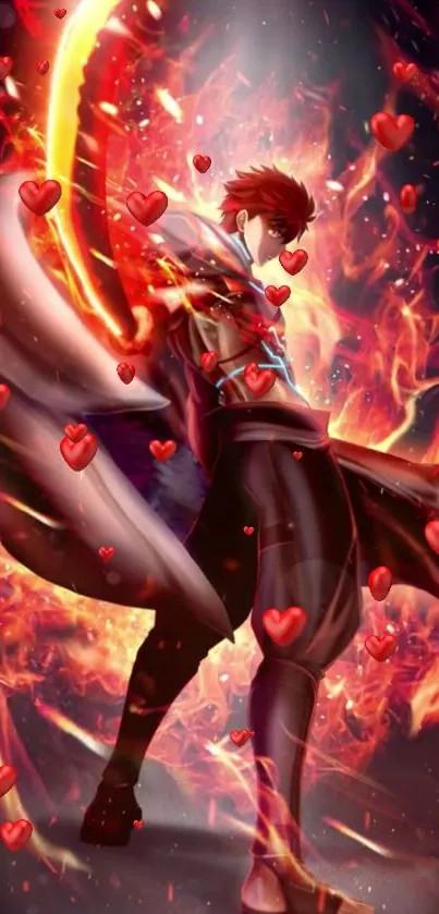 Fiery anime warrior with hearts and flames on a mobile wallpaper.