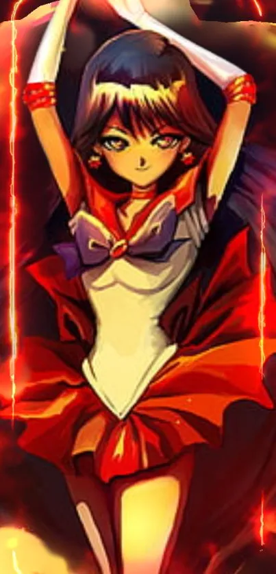 Fiery anime warrior in red attire with bold colors.