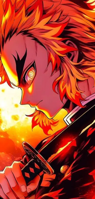 Fiery anime warrior with sword, vibrant orange-red hues