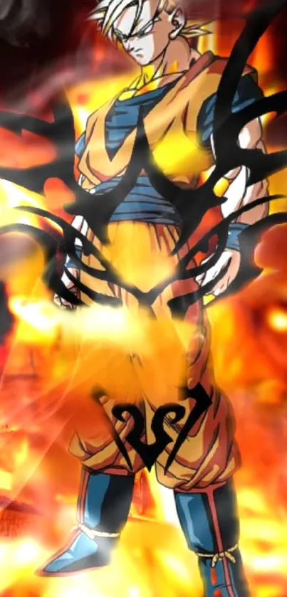 Anime warrior surrounded by vibrant orange flames.