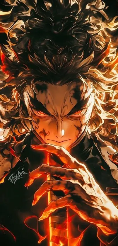 Fiery anime warrior with intense glare.