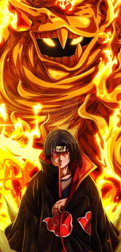 Anime character amidst fiery orange flames, intense and dynamic artwork.