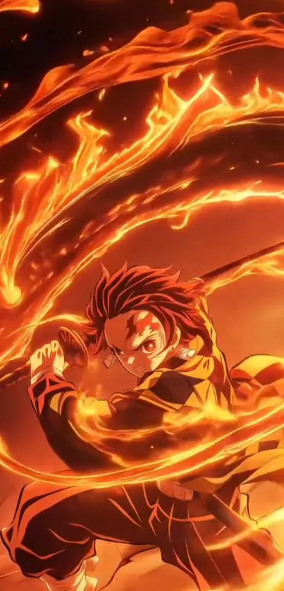 Anime warrior with fiery flames action.