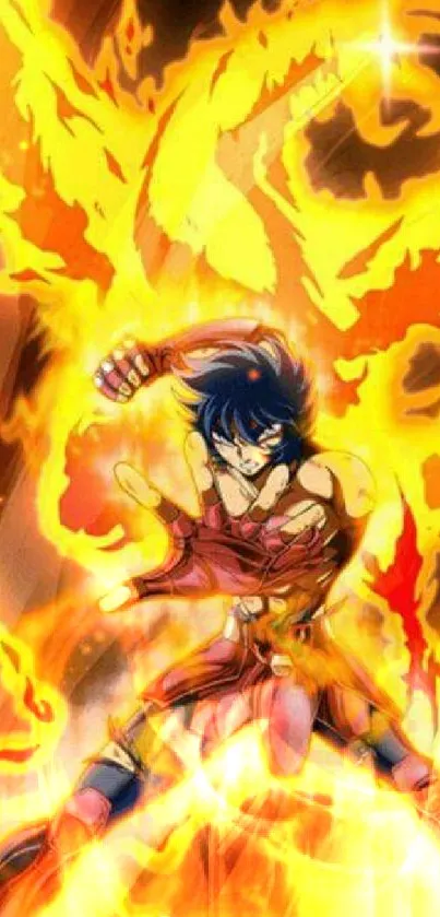 Anime warrior with fiery golden flames engulfing scene.