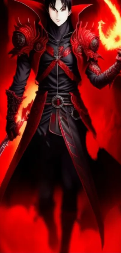 Anime warrior engulfed in bright flames with a sword in hand.