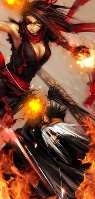 Anime warrior surrounded by fiery flames in a dynamic mobile wallpaper.