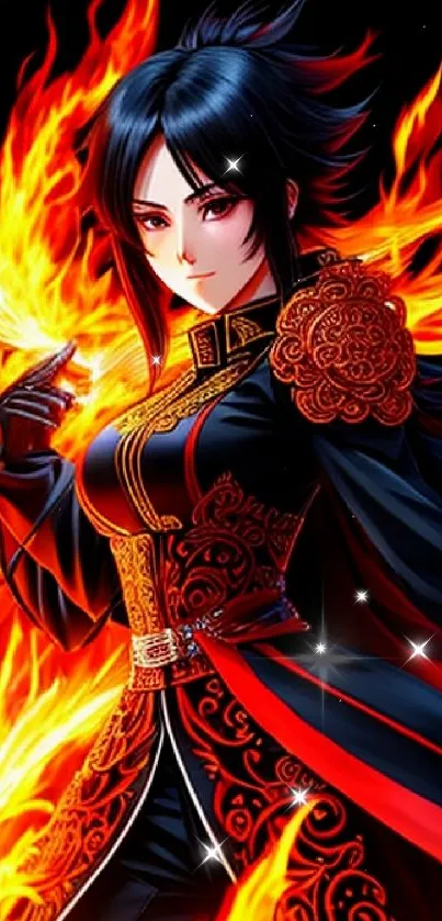 Anime warrior with fiery elements background.