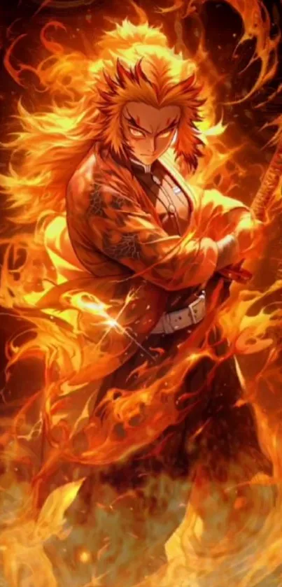 Fiery anime warrior amidst vibrant flames.