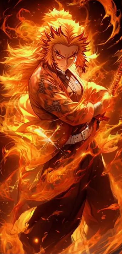 Anime warrior engulfed in vibrant flames, holding a sword.