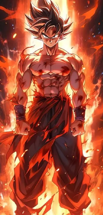 Fiery anime warrior surrounded by flames in dynamic pose.