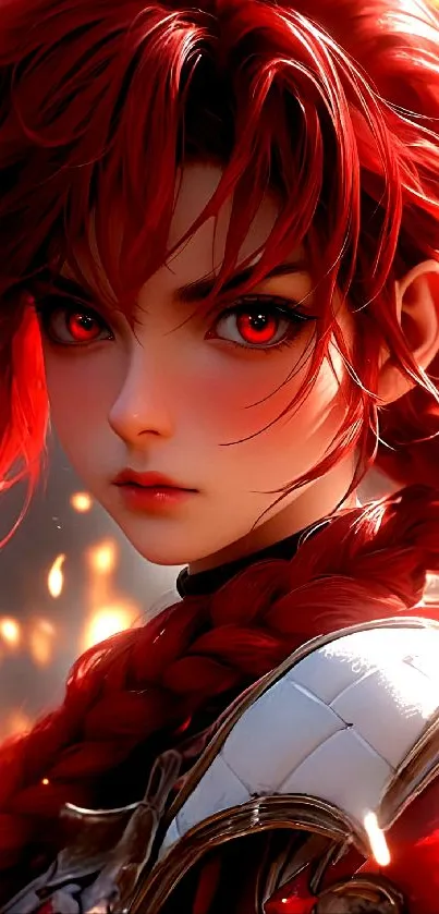 Anime warrior with fiery red hair and intense gaze.