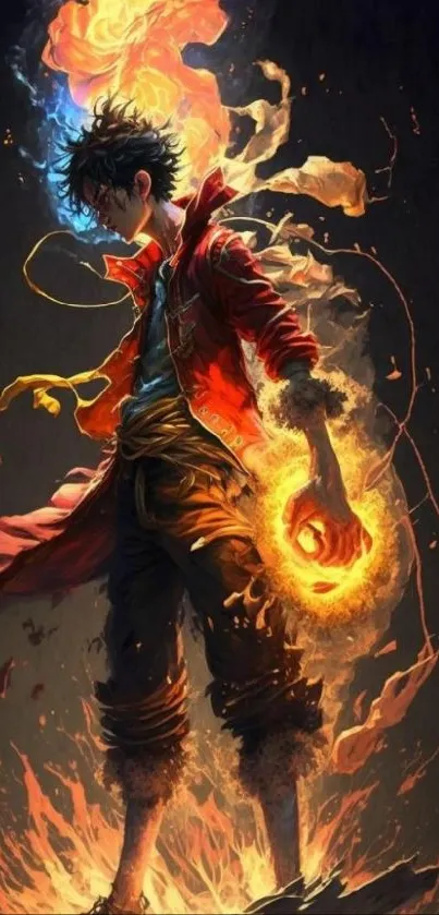 Fiery anime warrior stands heroically with flames and vibrant colors.