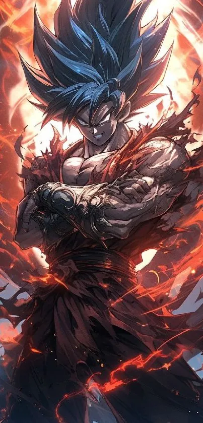 Anime warrior with fiery aura in red and blue hues.