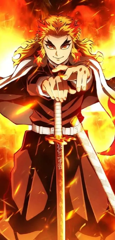 Anime warrior with blazing flames background on mobile wallpaper.