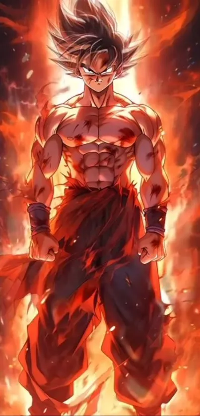 Anime warrior engulfed in fiery orange flames, dynamic mobile wallpaper.