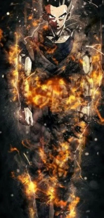 Fiery anime warrior surrounded by flames in a dynamic mobile wallpaper.