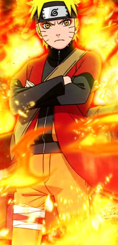 Anime warrior standing in fiery flames with determined expression.