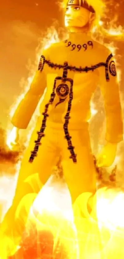 Anime warrior in fiery yellow glow on mobile screen.