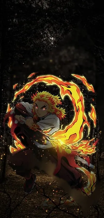 Anime warrior with fiery flames in a dark forest setting.