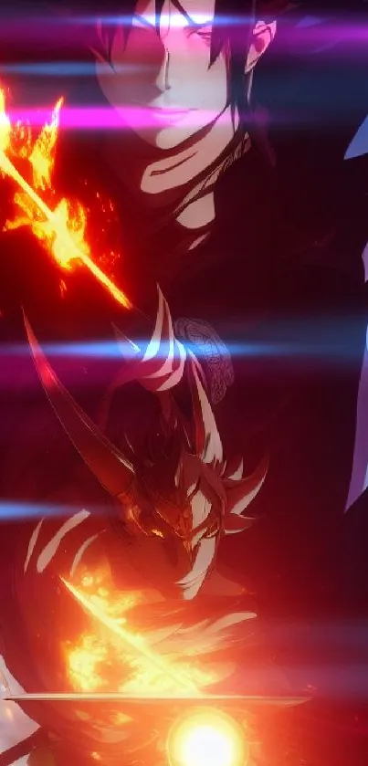 Anime warrior with fiery sword in an intense action scene.