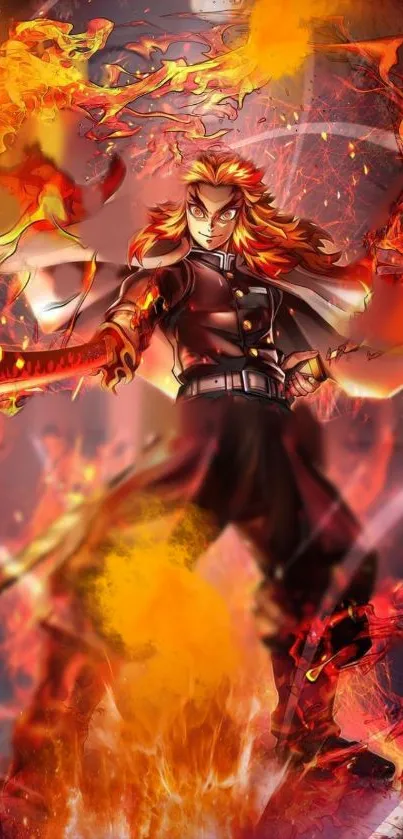 Anime character engulfed in flames on a dynamic phone wallpaper.