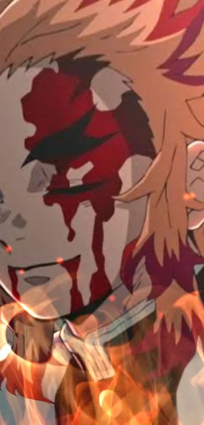 Anime warrior engulfed in flames with a red background.