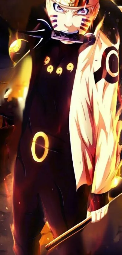 Anime warrior in fiery aura mobile wallpaper.