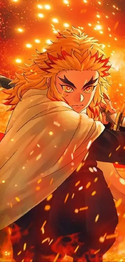 Anime warrior with fiery orange background and sword.