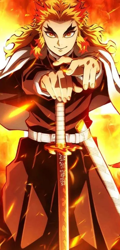 Fiery anime warrior with sword and flames on wallpaper.