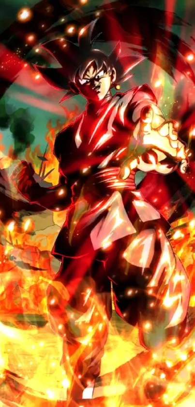 Anime warrior in fiery battle stance wallpaper.