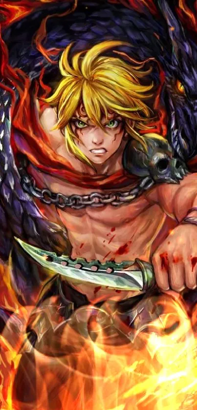 Anime warrior with fiery backdrop, dragon, and chain details.