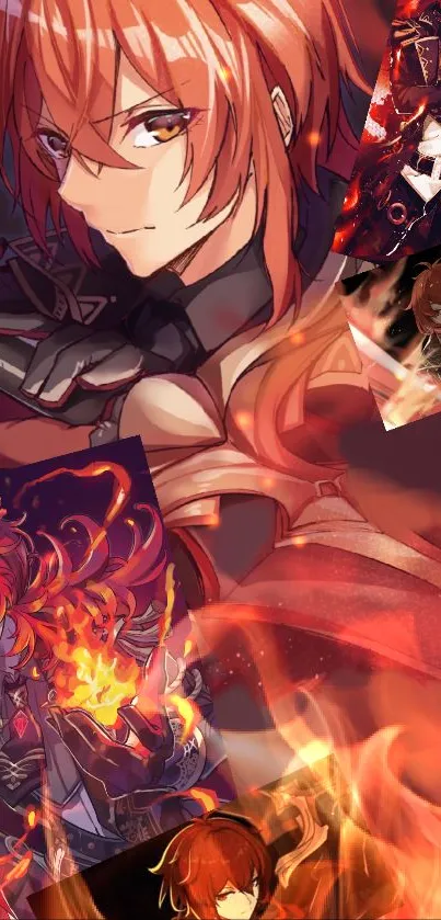 Anime warrior with fiery red tones and dynamic pose as phone wallpaper.