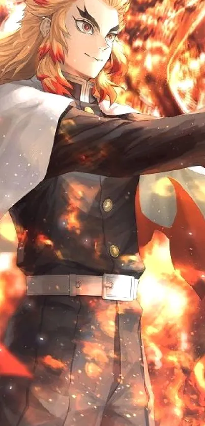 Anime character with flames in fiery scene.