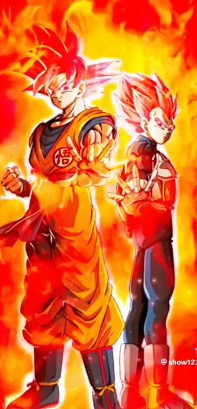 Anime warriors with fiery red and orange background.